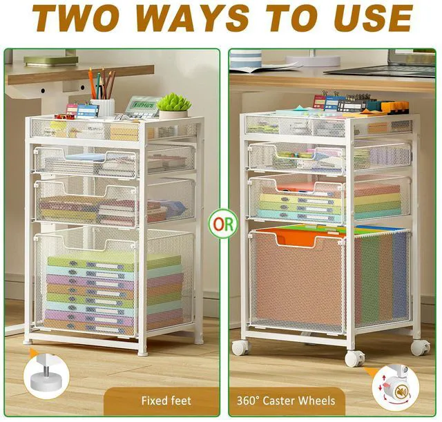 Alt view image 4 of 7 - Rolling File Cart with 3 Storage Drawers, Under Desk Organizer with DIY Divider, Moblie Filing Cabinet on Wheels, Fits A4/Letter Size, Metal Utility Cart for Home Office, White