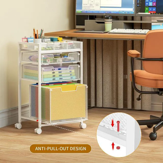 Alt view image 6 of 7 - Rolling File Cart with 3 Storage Drawers, Under Desk Organizer with DIY Divider, Moblie Filing Cabinet on Wheels, Fits A4/Letter Size, Metal Utility Cart for Home Office, White