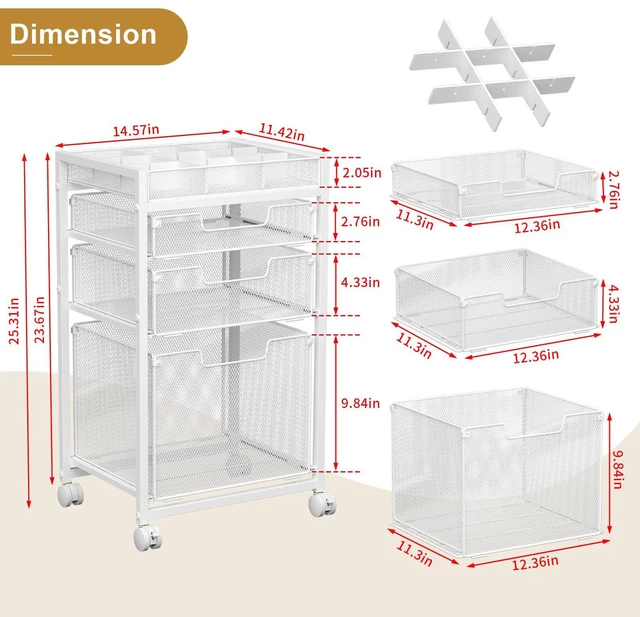 Alt view image 7 of 7 - Rolling File Cart with 3 Storage Drawers, Under Desk Organizer with DIY Divider, Moblie Filing Cabinet on Wheels, Fits A4/Letter Size, Metal Utility Cart for Home Office, White