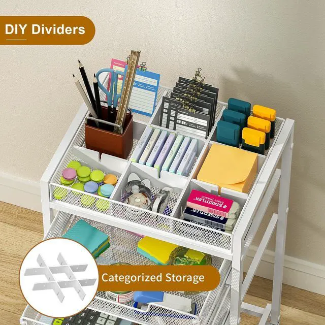 Alt view image 5 of 7 - Rolling File Cart with 3 Storage Drawers, Under Desk Organizer with DIY Divider, Moblie Filing Cabinet on Wheels, Fits A4/Letter Size, Metal Utility Cart for Home Office, White