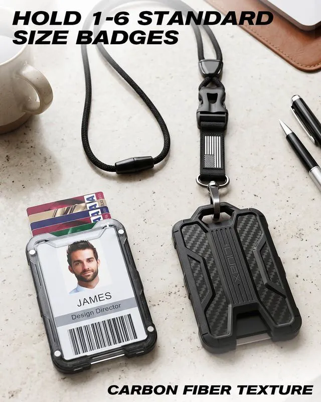 Alt view image 6 of 7 - Badge Holder with Breakaway Lanyard, Carbon Fiber-Texture, 6 Cards American Flag, Quick Release Detachable Buckle, Metal Clip, Heavy Duty ID Card Holder, for Work, Office, All Pink