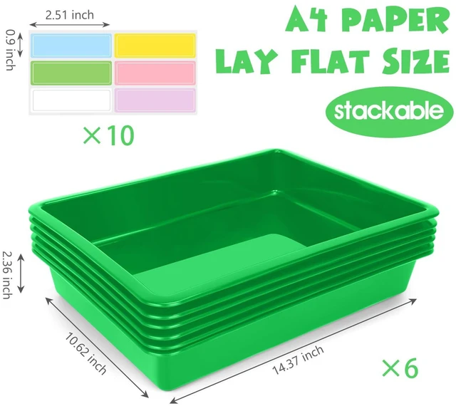 Alt view image 2 of 7 - 6 Pack Paper Trays for Classroom, Green Plastic Book Bins with Colorful Labels, Stackable Letter Size Storage Tray, Desk Organizer Tray for Home, School and Office