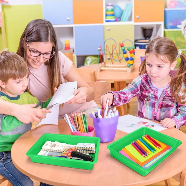 Alt view image 7 of 7 - 6 Pack Paper Trays for Classroom, Green Plastic Book Bins with Colorful Labels, Stackable Letter Size Storage Tray, Desk Organizer Tray for Home, School and Office