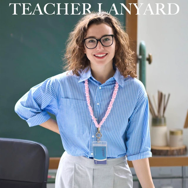 Alt view image 2 of 7 - Breakaway Scrunchie Lanyard with Id Holder, Pink Stretchy Teacher Lanyard for Id Badges Keys