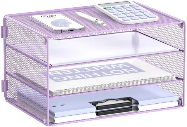 Main image of 3 Tier Letter Tray Paper Organizer with Sliding Mesh Trays Purple Metal Mesh File Organizer with Sliding Trays for Letter and A4 Paper, Mail, Bills, Folders and Office Documents