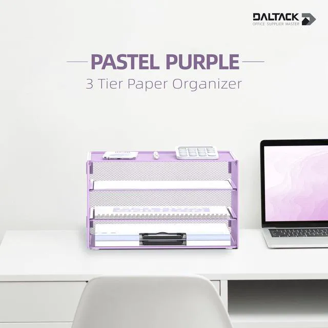 Alt view image 2 of 7 - 3 Tier Letter Tray Paper Organizer with Sliding Mesh Trays Purple Metal Mesh File Organizer with Sliding Trays for Letter and A4 Paper, Mail, Bills, Folders and Office Documents