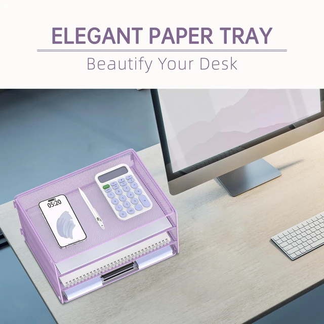 Alt view image 3 of 7 - 3 Tier Letter Tray Paper Organizer with Sliding Mesh Trays Purple Metal Mesh File Organizer with Sliding Trays for Letter and A4 Paper, Mail, Bills, Folders and Office Documents