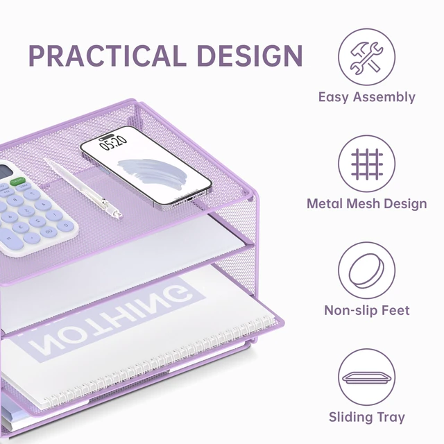 Alt view image 4 of 7 - 3 Tier Letter Tray Paper Organizer with Sliding Mesh Trays Purple Metal Mesh File Organizer with Sliding Trays for Letter and A4 Paper, Mail, Bills, Folders and Office Documents
