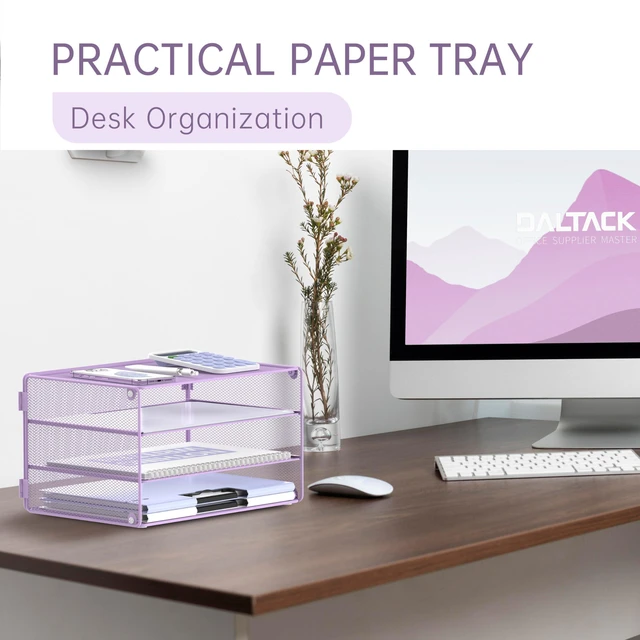 Alt view image 5 of 7 - 3 Tier Letter Tray Paper Organizer with Sliding Mesh Trays Purple Metal Mesh File Organizer with Sliding Trays for Letter and A4 Paper, Mail, Bills, Folders and Office Documents