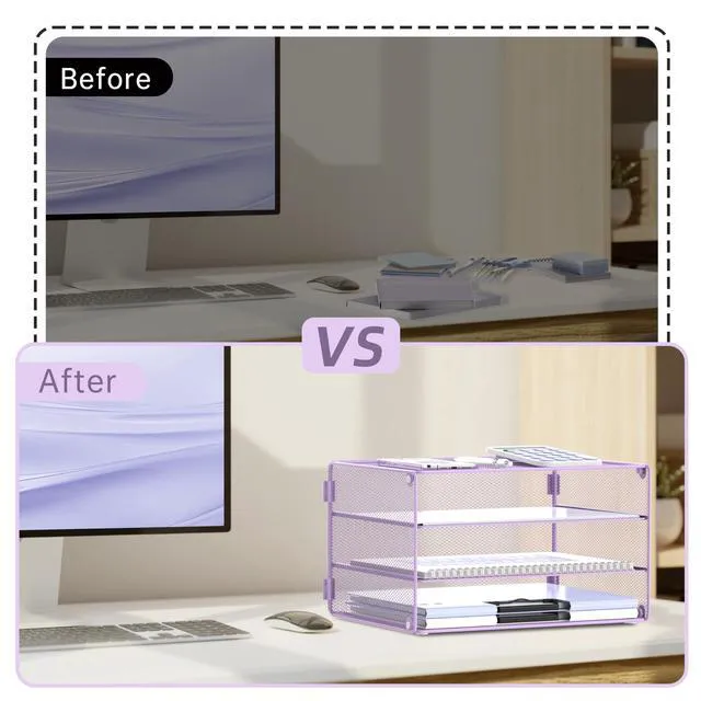 Alt view image 6 of 7 - 3 Tier Letter Tray Paper Organizer with Sliding Mesh Trays Purple Metal Mesh File Organizer with Sliding Trays for Letter and A4 Paper, Mail, Bills, Folders and Office Documents