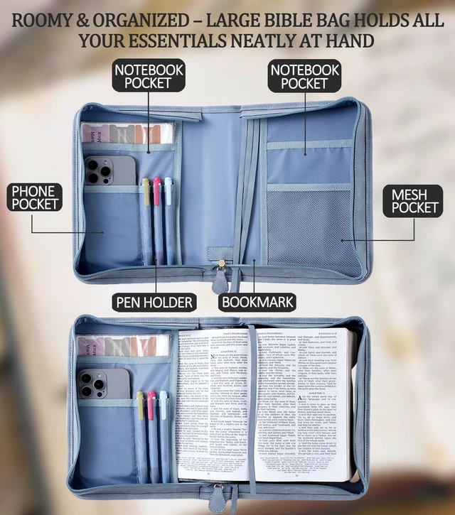 Alt view image 3 of 7 - Vegan Leather Bible Cover Case, Bible Bag with Phone Pocket, Bible Case for Women, Christian Gift Box Packaging (Light Blue)
