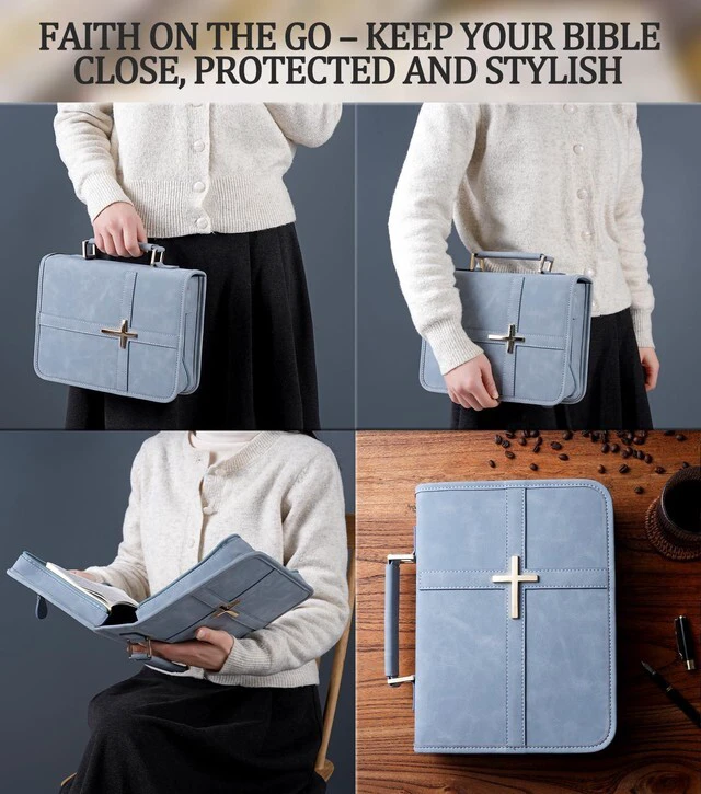 Alt view image 6 of 7 - Vegan Leather Bible Cover Case, Bible Bag with Phone Pocket, Bible Case for Women, Christian Gift Box Packaging (Light Blue)