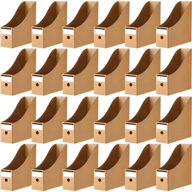 Main image of 24 Pcs Magazine Files Cardboard Holders,Classic,Brown File Organizer Foldable Paper Storage for Desk, Vertical Holder with Label, Kraft Office Classroom Bins, Document Organizing