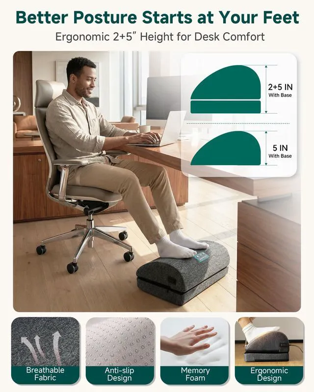 Alt view image 6 of 7 - Heated Footrest Under Desk with Vibration, Adjustable Foot Stool 3 Heat Levels, 3 Vibration Intensities, 2 Adjustable Heights, Lightweight Design, Foot Warmer for Office Chair, Home Desk