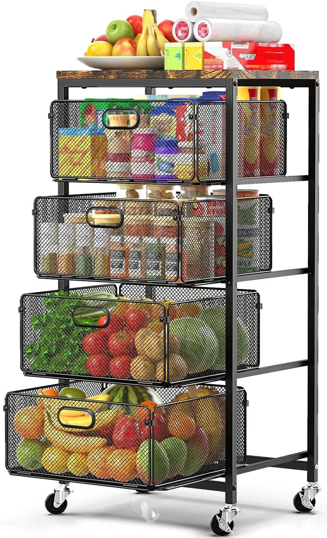 Main image of Kitchen Storage Cart with Drawers,Metal Snack Cart Organizer,Black 4-Tier Craft Cart with Lockable Wheels, Wooden Top, Rolling Storage Drawer Carts for Snacks,Beauty,Craft,Art,Makeup,School