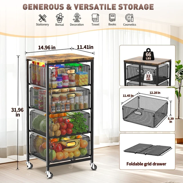 Alt view image 2 of 7 - Kitchen Storage Cart with Drawers,Metal Snack Cart Organizer,Black 4-Tier Craft Cart with Lockable Wheels, Wooden Top, Rolling Storage Drawer Carts for Snacks,Beauty,Craft,Art,Makeup,School