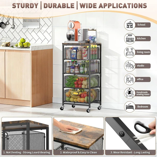 Alt view image 3 of 7 - Kitchen Storage Cart with Drawers,Metal Snack Cart Organizer,Black 4-Tier Craft Cart with Lockable Wheels, Wooden Top, Rolling Storage Drawer Carts for Snacks,Beauty,Craft,Art,Makeup,School