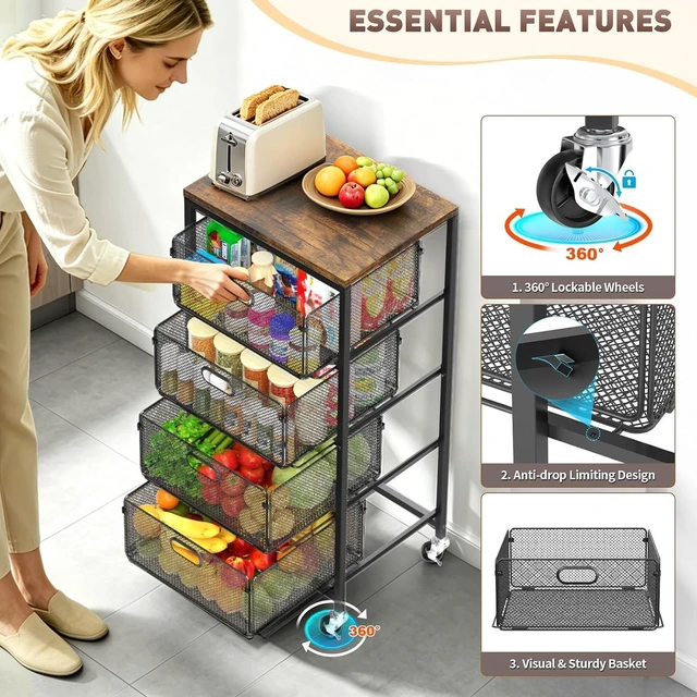 Alt view image 4 of 7 - Kitchen Storage Cart with Drawers,Metal Snack Cart Organizer,Black 4-Tier Craft Cart with Lockable Wheels, Wooden Top, Rolling Storage Drawer Carts for Snacks,Beauty,Craft,Art,Makeup,School
