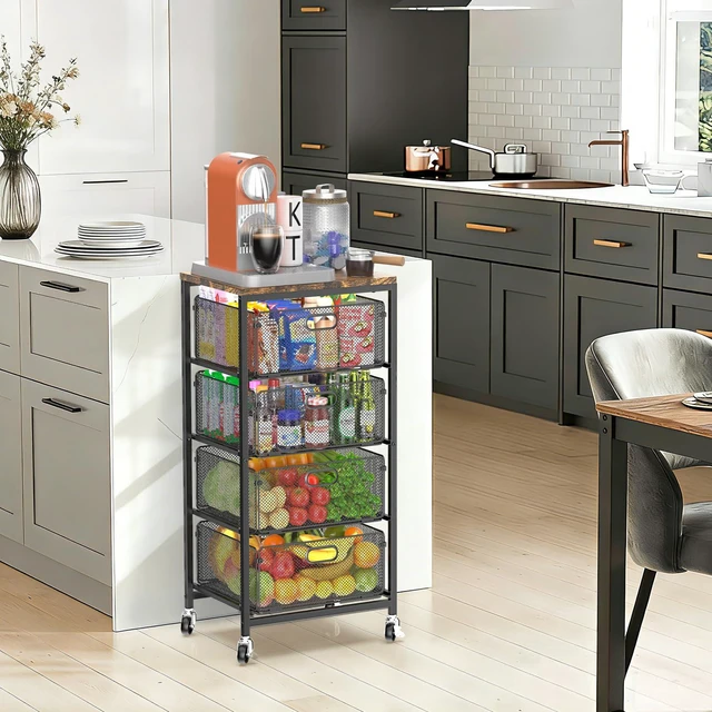Alt view image 5 of 7 - Kitchen Storage Cart with Drawers,Metal Snack Cart Organizer,Black 4-Tier Craft Cart with Lockable Wheels, Wooden Top, Rolling Storage Drawer Carts for Snacks,Beauty,Craft,Art,Makeup,School