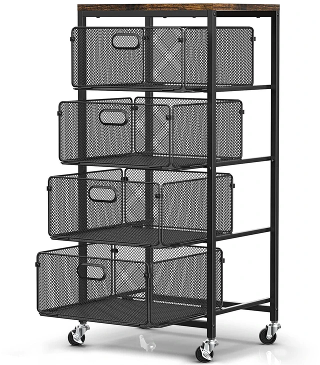 Alt view image 7 of 7 - Kitchen Storage Cart with Drawers,Metal Snack Cart Organizer,Black 4-Tier Craft Cart with Lockable Wheels, Wooden Top, Rolling Storage Drawer Carts for Snacks,Beauty,Craft,Art,Makeup,School