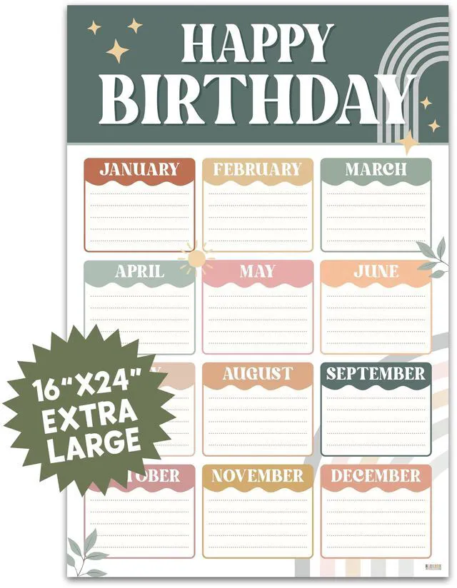 Main image of Classroom Birthday Chart, 16x24 Modern Boho Reusable Poster Calendar for Student Teacher Kids, Back To School Bulletin Board Decoration Homeschool Kindergarten, Shipped in Tube