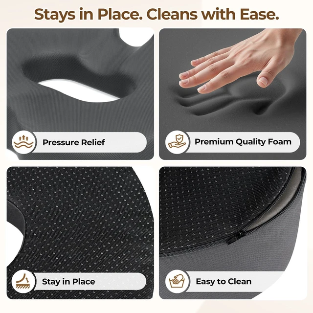Alt view image 3 of 7 - Memory Foam Donut Pillow Seat Cushion with Raised Rear, Grey 7.5-Inch U-Shaped Opening Helps Reduce Tailbone Pressure; Washable Mesh Cover And Non-Slip Base Fit Office And Car Seats