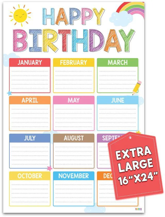 Main image of Classroom Birthday Chart, 16x24 Colorful Reusable Poster Calendar for Student Teacher Kids, Back To School Bulletin Board Decoration Homeschool Kindergarten, Shipped in Tube