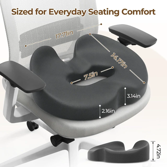 Alt view image 2 of 7 - Memory Foam Donut Pillow Seat Cushion with Raised Rear, Grey 7.5-Inch U-Shaped Opening Helps Reduce Tailbone Pressure; Washable Mesh Cover And Non-Slip Base Fit Office And Car Seats
