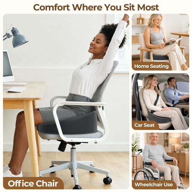 Alt view image 5 of 7 - Memory Foam Donut Pillow Seat Cushion with Raised Rear, Grey 7.5-Inch U-Shaped Opening Helps Reduce Tailbone Pressure; Washable Mesh Cover And Non-Slip Base Fit Office And Car Seats