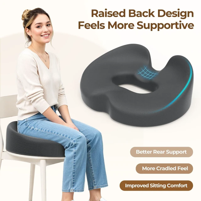 Alt view image 6 of 7 - Memory Foam Donut Pillow Seat Cushion with Raised Rear, Grey 7.5-Inch U-Shaped Opening Helps Reduce Tailbone Pressure; Washable Mesh Cover And Non-Slip Base Fit Office And Car Seats