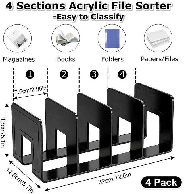 Alt view image 2 of 7 - Acrylic File Holder, Black File Sorter Desk File Organizer, Sturdy Desktop File Folder Organizer Rack for Envelopes Mail Letter Paper Notebook Electronics Office Supplies (4 Sections, 4 Pack)