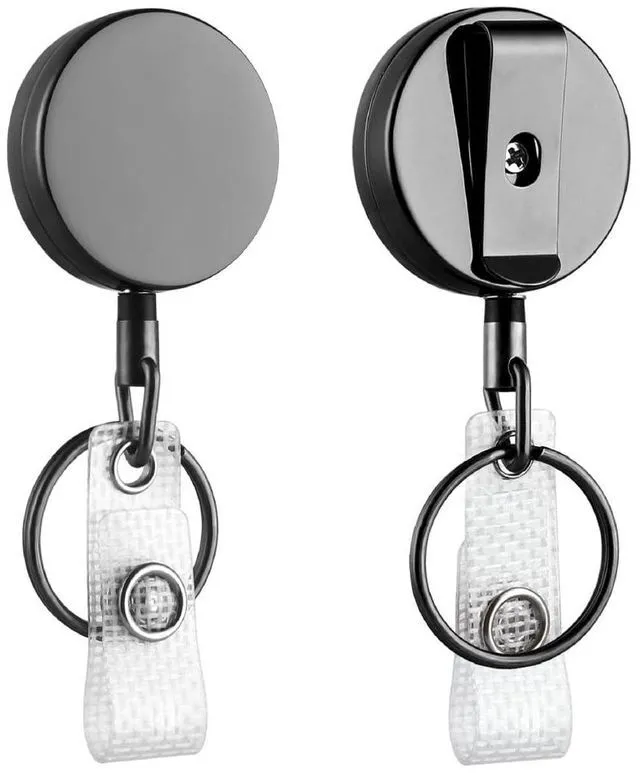 Main image of 2 Pack Retractable Keychain - Metal Badge Reel - Glossy Black ID Badge Holder Reel with Metal Casing with 27.5"UHMWPE Fiber Pull Cord for Durability and Easy Access - Holds up to 8 Keys