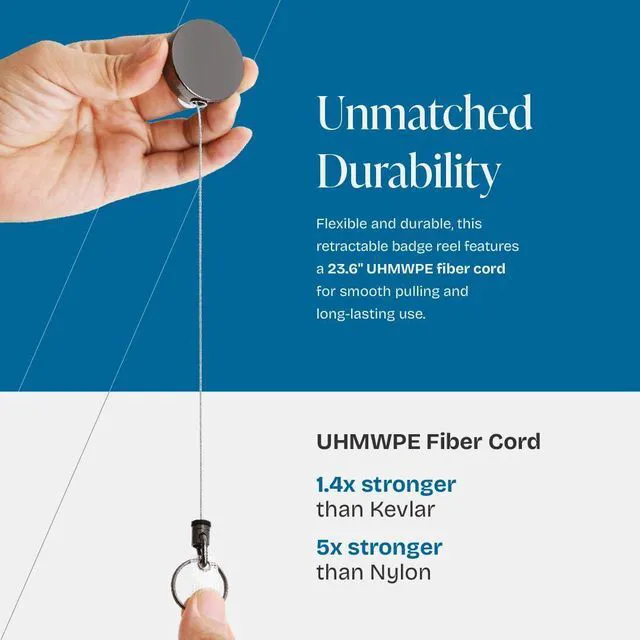 Alt view image 3 of 6 - 2 Pack Retractable Keychain - Metal Badge Reel - Glossy Black ID Badge Holder Reel with Metal Casing with 27.5"UHMWPE Fiber Pull Cord for Durability and Easy Access - Holds up to 8 Keys