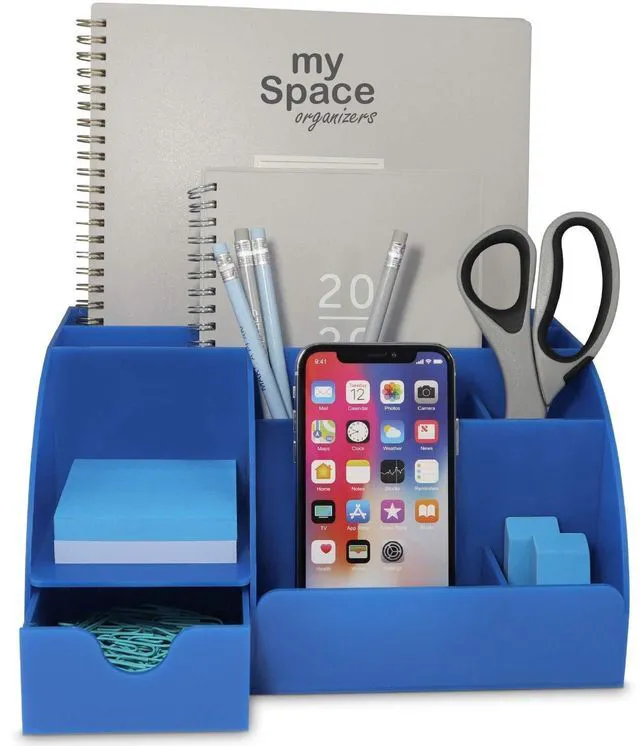 Alt view image 2 of 6 - Blue Desk Organizer, 9 Compartments, Office Supplies and Desk Accessories Organizer, Pen Holder Decor Desktop (Blue)