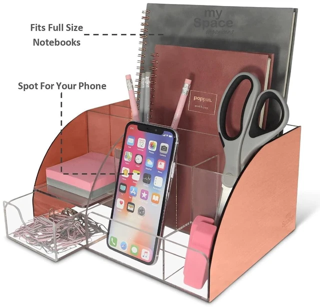 Alt view image 3 of 7 - Rose Gold Desk Organizer, Acrylic, 9 Compartments, Office Supplies Desk Accessories Organizer with Drawer, Pen Holder, Office Decor Desktop Organization (Rose Gold)