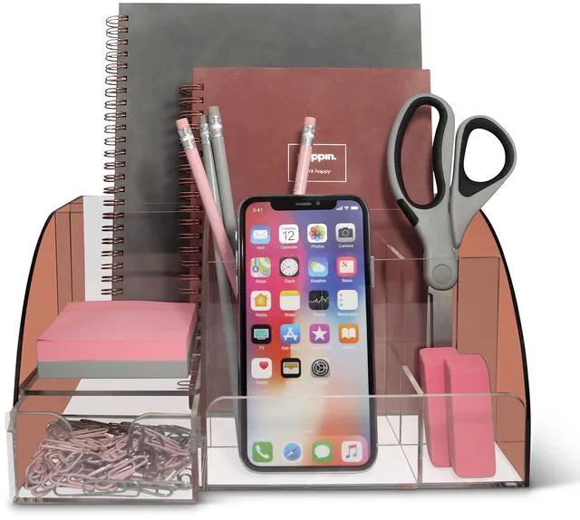 Alt view image 2 of 7 - Rose Gold Desk Organizer, Acrylic, 9 Compartments, Office Supplies Desk Accessories Organizer with Drawer, Pen Holder, Office Decor Desktop Organization (Rose Gold)