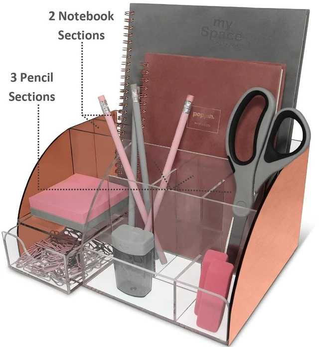Alt view image 4 of 7 - Rose Gold Desk Organizer, Acrylic, 9 Compartments, Office Supplies Desk Accessories Organizer with Drawer, Pen Holder, Office Decor Desktop Organization (Rose Gold)