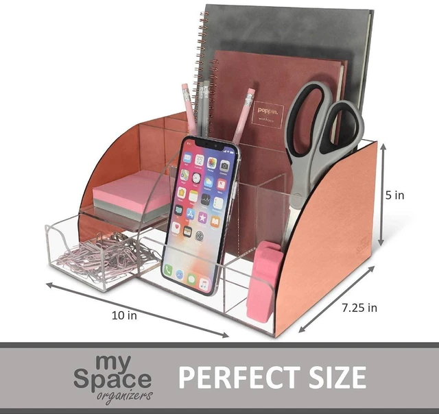 Alt view image 6 of 7 - Rose Gold Desk Organizer, Acrylic, 9 Compartments, Office Supplies Desk Accessories Organizer with Drawer, Pen Holder, Office Decor Desktop Organization (Rose Gold)