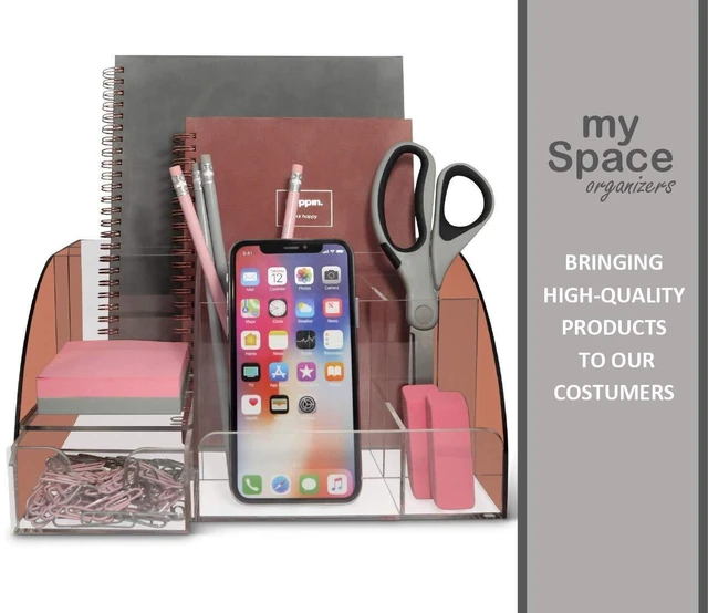 Alt view image 7 of 7 - Rose Gold Desk Organizer, Acrylic, 9 Compartments, Office Supplies Desk Accessories Organizer with Drawer, Pen Holder, Office Decor Desktop Organization (Rose Gold)