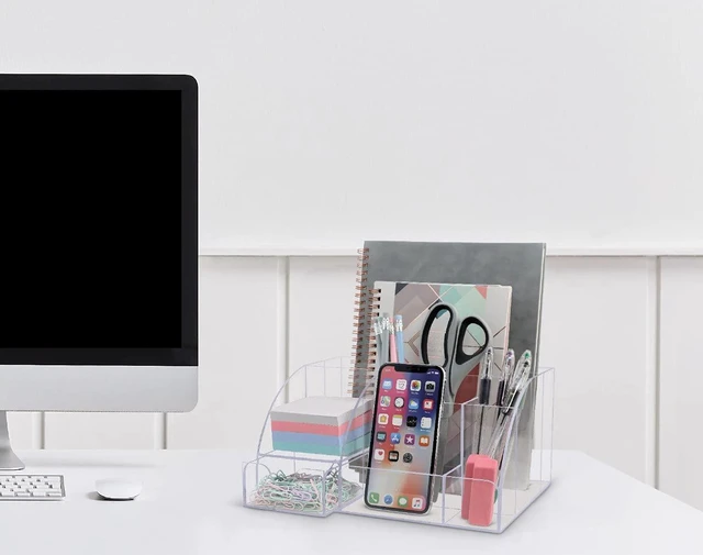 Alt view image 7 of 7 - Clear Acrylic Desk Oganizer, 9 Compartments, Office Supplies and Desk Accessories Organizer, Home Decor Desktop Organizer (Clear)