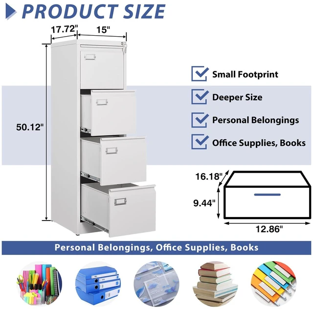 Alt view image 3 of 7 - 4 Drawer File Cabinet, Filing Cabinets for Home Office, Metal Vertical File Storage Cabinet with Lock, Locking File Cabinet for A4 Legal/Letter, 15" W x 17.7" D x 50.1" H, Assembly Required