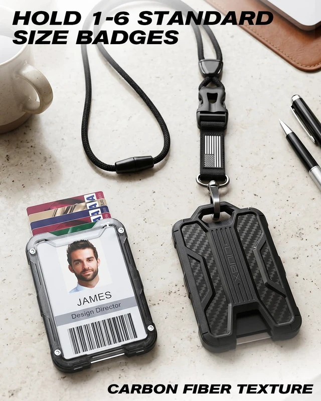 Alt view image 6 of 7 - Badge Holder with Breakaway Lanyard, Carbon Fiber-Texture, 6 Cards American Flag, Quick Release Detachable Buckle, Metal Clip, Heavy Duty ID Card Holder, for Work, Office, Easy to Use, Green