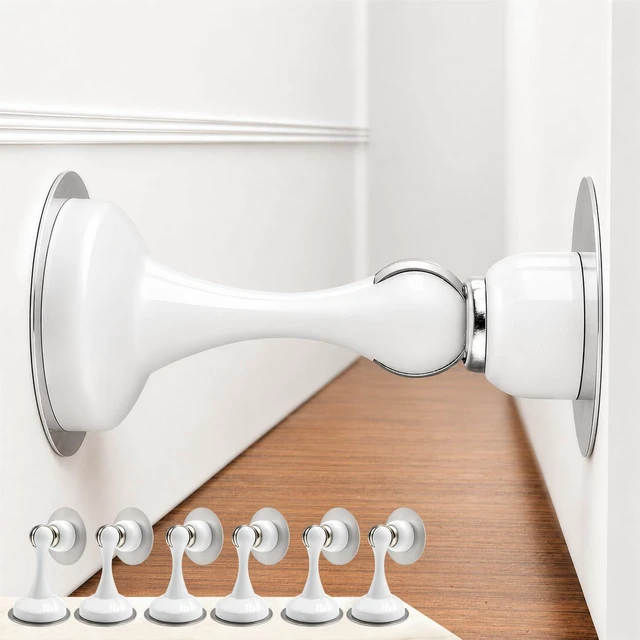 Main image of 6 Pack Magnetic Door Stop No Drilling Door Stop with 3D Adhesive Tapes Keep Door Open Door Stainless Steel Screws for Stronger Mount (White)