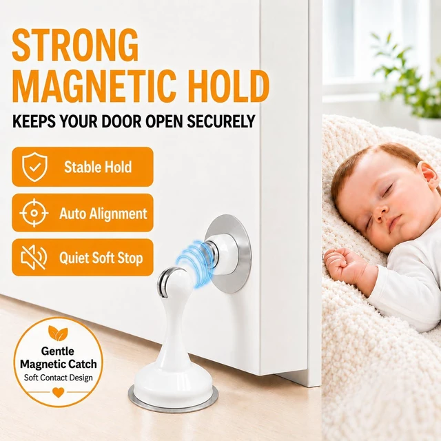 Alt view image 2 of 7 - 6 Pack Magnetic Door Stop No Drilling Door Stop with 3D Adhesive Tapes Keep Door Open Door Stainless Steel Screws for Stronger Mount (White)