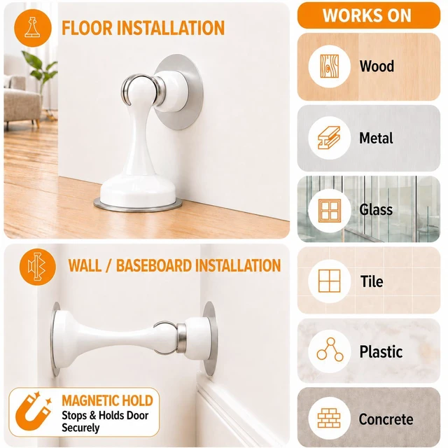 Alt view image 3 of 7 - 6 Pack Magnetic Door Stop No Drilling Door Stop with 3D Adhesive Tapes Keep Door Open Door Stainless Steel Screws for Stronger Mount (White)