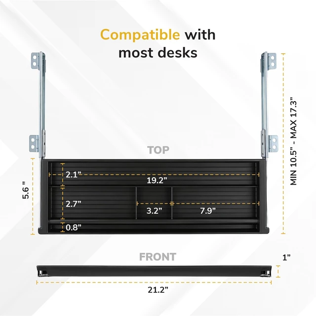 Alt view image 3 of 7 - Under Desk Pencil Drawer, 21.25 W, Ball Bearing Slide-Out Under desk drawer organizer for Office Supplies, Paper & Pencils, Fits Desks Over 1 Thick, Adjustable Extension 16.2528