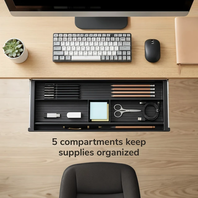 Alt view image 5 of 7 - Under Desk Pencil Drawer, 21.25 W, Ball Bearing Slide-Out Under desk drawer organizer for Office Supplies, Paper & Pencils, Fits Desks Over 1 Thick, Adjustable Extension 16.2528