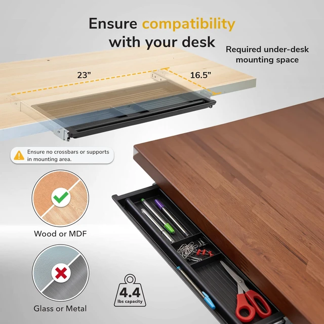 Alt view image 7 of 7 - Under Desk Pencil Drawer, 21.25 W, Ball Bearing Slide-Out Under desk drawer organizer for Office Supplies, Paper & Pencils, Fits Desks Over 1 Thick, Adjustable Extension 16.2528