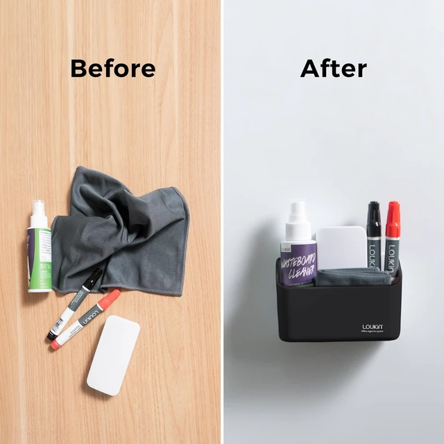Alt view image 5 of 7 - Magnetic & Adhesive Marker Holder, Whiteboard Accessory Tray, Black 5.3" × 2.2", Holds 1 Eraser and 8 Markers, Supports up to 3.3 lb, 2 Mounting Options, Fits Glass and Refrigerators