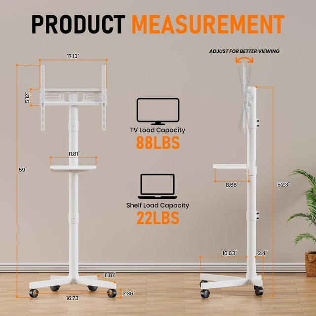 Alt view image 2 of 7 - Rolling TV Stand for 23-60 Inch LCD LED Flat/Curved TVs/Screens 2 Height Adjustable Mobile TV Floor Stand with Shelf / Wheels up to 88Lbs, Portable TV Cart for Bedroom, Living Room, Outdoor